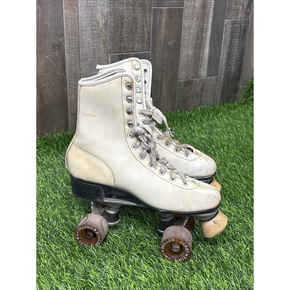 Vintage Roller Derby White Leather Quad Roller Skates Size 8 Urethane Wheels